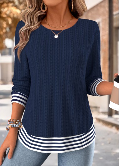 women clothes image of Navy Striped Fake 2in1 Long Sleeve T Shirt