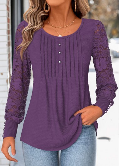 women clothes image of Purple Patchwork Long Sleeve Round Neck T Shirt