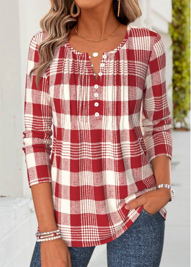 women clothes image of Red Plaid Tuck Stitch Long Sleeve T Shirt