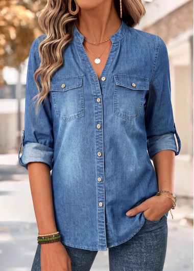 women clothes image of Denim Blue Button Long Sleeve Stand Collar Shirt