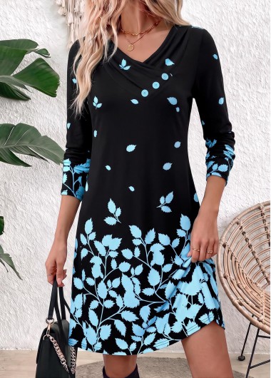 women clothes image of Black Leaf Print Short Criss Cross Long Sleeve Dress
