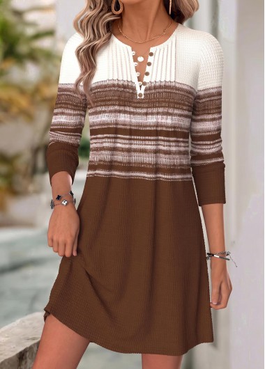women clothes image of Dark Coffee Striped Short Tuck Stitch Long Sleeve Dress