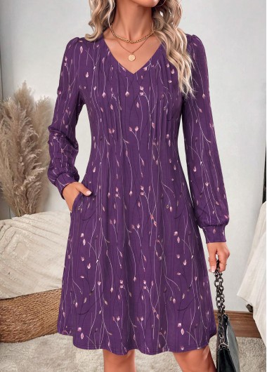 women clothes image of Purple Leaf Print Tuck Stitch Long Sleeve Dress