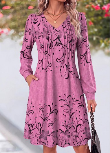 women clothes image of Pink Floral Print Tuck Stitch Long Sleeve Dress