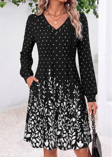 women clothes image of Black Leaf Print Tuck Stitch Long Sleeve Dress