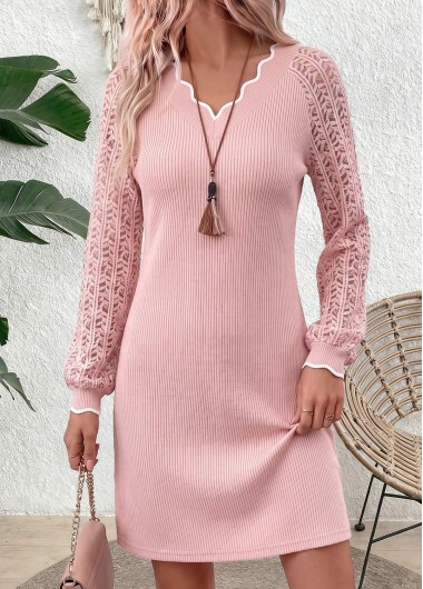 women clothes image of Dusty Pink Short Patchwork Long Sleeve V Neck Dress