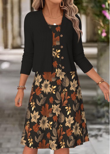 women clothes image of Multi Color Floral Print Two-piece Dress and Cardigan