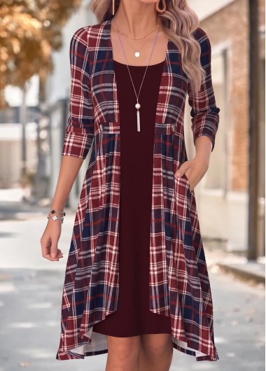 women clothes image of Wine Red Plaid Fake 2in1 Long Sleeve Dress