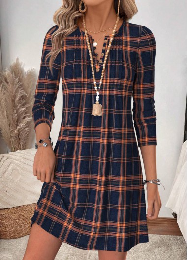 women clothes image of Multi Color Plaid Short Tuck Stitch Long Sleeve Dress