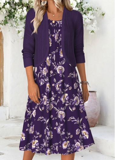 women clothes image of Dark Purple Tribal Print Tuck Stitch Dress and Cardigan
