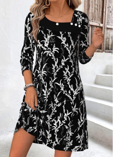 women clothes image of Black Floral Print Short Patchwork Long Sleeve Dress