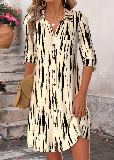 women clothes image of Light Camel Geometric Print Short Long Sleeve Dress