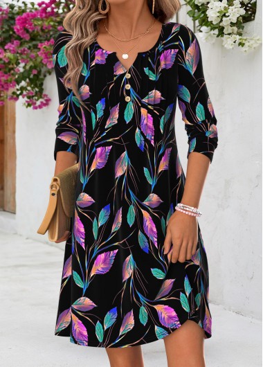 women clothes image of Black Leaf Print Short Tuck Stitch Long Sleeve Dress