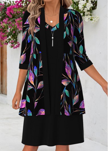women clothes image of Black Leaf Print Tummy Coverage Dress and Cardigan