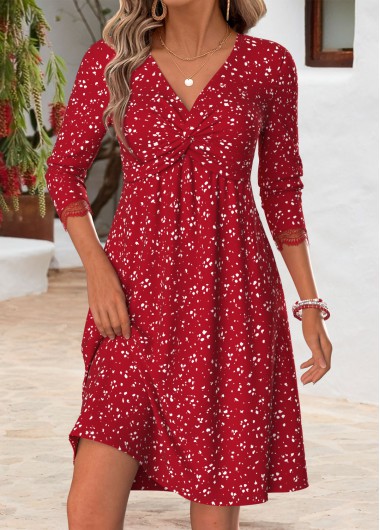 women clothes image of Red Geometric Print Short Smocked V Neck Dress