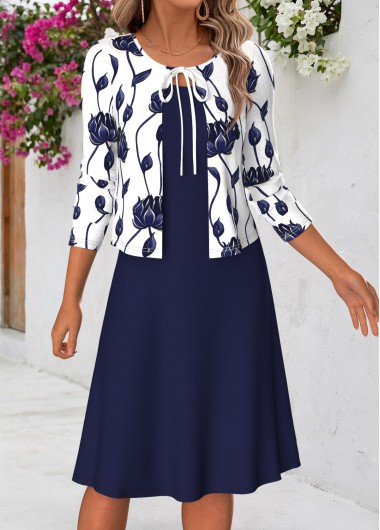 women clothes image of Navy Floral Print Two-piece Long Sleeve Dress and Cardigan