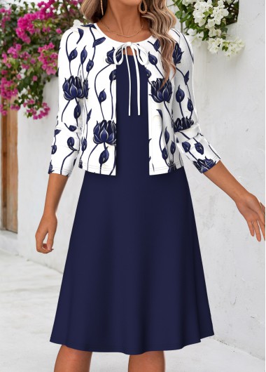 women clothes image of Navy Floral Print Two-piece Long Sleeve Dress and Cardigan