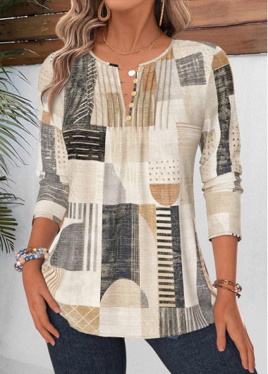 women clothes image of Multi Color Geometric Print Tuck Stitch Long Sleeve Blouse