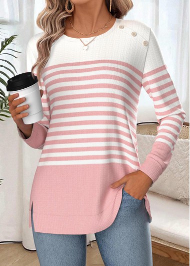 women clothes image of Light Pink Striped Long Sleeve Round Neck Sweatshirt