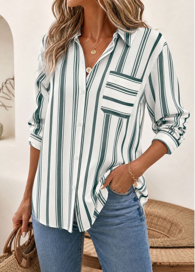 women clothes image of Green Striped Patch Pocket Long Sleeve Shirt