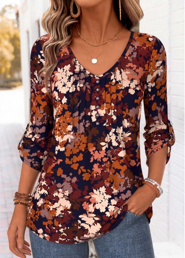 women clothes image of Multi Color Leaf Print Tuck Stitch Long Sleeve Blouse