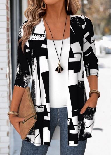 women clothes image of Black Patch Pocket Geometric Print Long Sleeve Coat