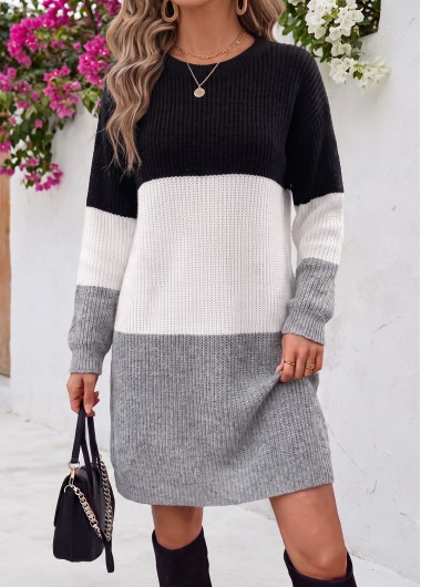 women clothes image of Black Geometric Print Short Long Sleeve Knit Dress