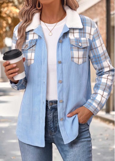 women clothes image of Blue Patchwork Plaid Long Sleeve Turn Down Collar Coat