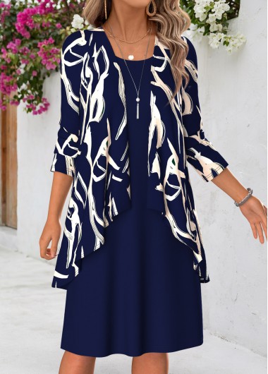 women clothes image of Navy Geometric Print Tummy Coverage Dress and Cardigan