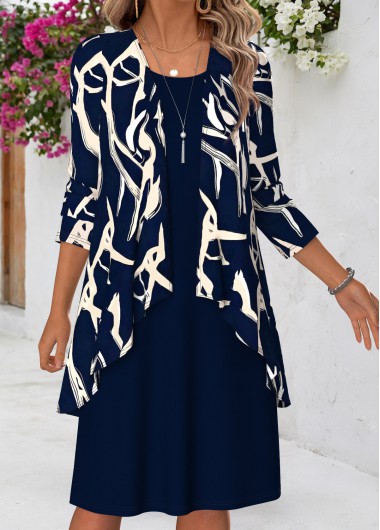 women clothes image of Navy Geometric Print Tummy Coverage Dress and Cardigan