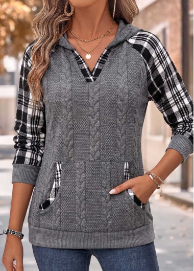 women clothes image of Dark Grey Plaid Patchwork Long Sleeve Hoodie