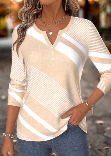 women clothes image of Beige Geometric Print Curved Hem Long Sleeve T Shirt