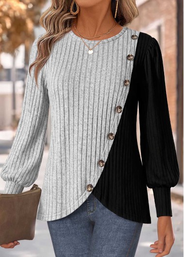 women clothes image of Grey Patchwork Long Sleeve Round Neck T Shirt