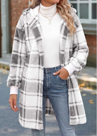 women clothes image of Light Grey Double Side Pockets Plaid Long Sleeve Coat