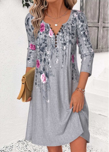 women clothes image of Dark Grey Marl Floral Print Short Tuck Stitch Dress