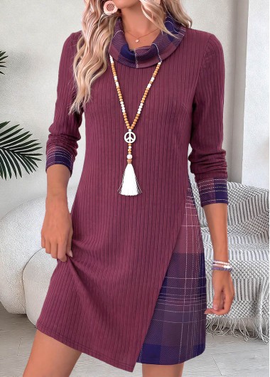 women clothes image of Dusty Purple Plaid Patchwork Long Sleeve Cowl Neck Dress