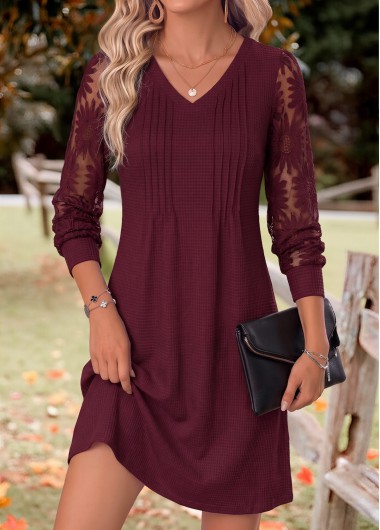 women clothes image of Deep Red Patchwork Long Sleeve V Neck Dress