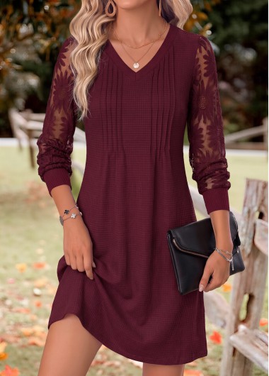 women clothes image of Deep Red Patchwork Long Sleeve V Neck Dress