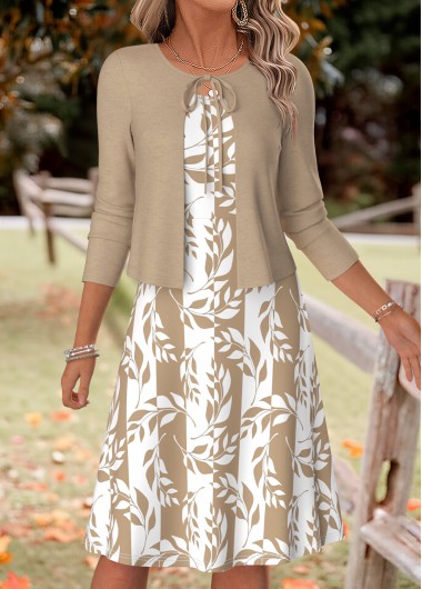 women clothes image of Gray Brown Leaf Print Two-piece Dress and Cardigan