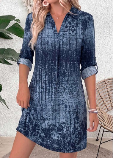 women clothes image of Denim Blue Ombre Patchwork Long Sleeve Shirt Collar Dress
