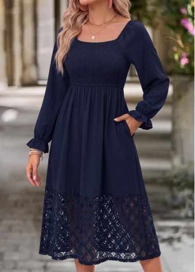 women clothes image of Navy Patchwork Long Sleeve Scoop Neck Dress