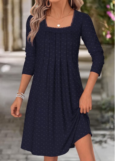 women clothes image of Navy Pleated Long Sleeve Square Neck Dress