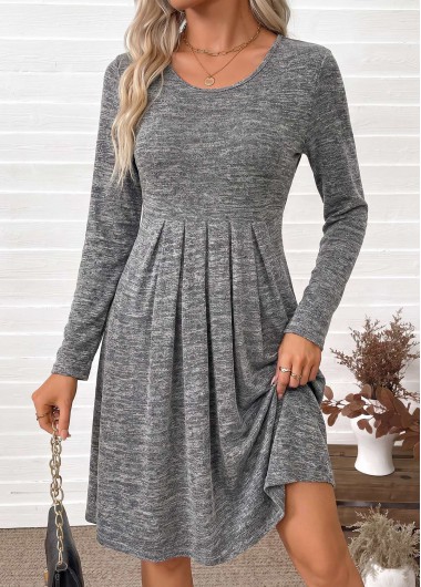 women clothes image of Dark Grey Marl Pleated Long Sleeve Round Neck Dress
