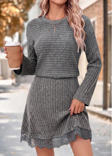 women clothes image of Dark Grey Marl Short Patchwork Long Sleeve Dress