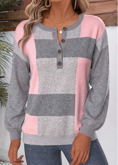 women clothes image of Pink Geometric Print Button Long Sleeve Sweatshirt