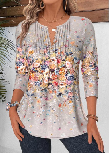 women clothes image of Grey Floral Print Tuck Stitch Long Sleeve Blouse