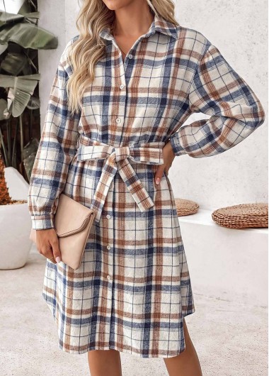 women clothes image of Multi Color Plaid Tummy Coverage Long Sleeve Dress