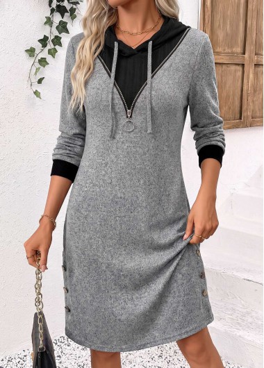 women clothes image of Grey Fake 2in1 Long Sleeve Hooded Dress
