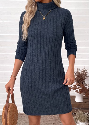 women clothes image of Dark Blue Short Long Sleeve High Neck Dress