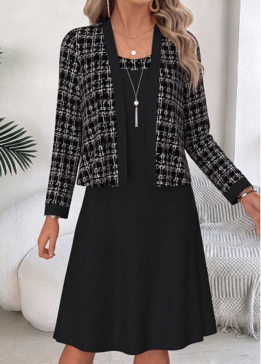 women clothes image of Black Geometric Print Two-piece Long Sleeve Dress and Cardigan